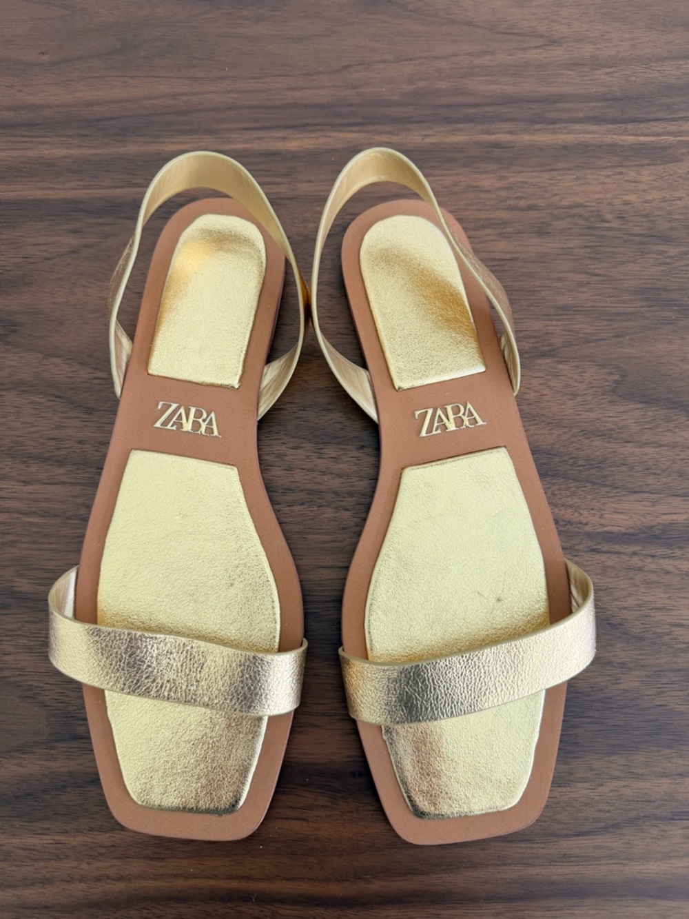 Zara Gold Leather Slingback Flat Sandals